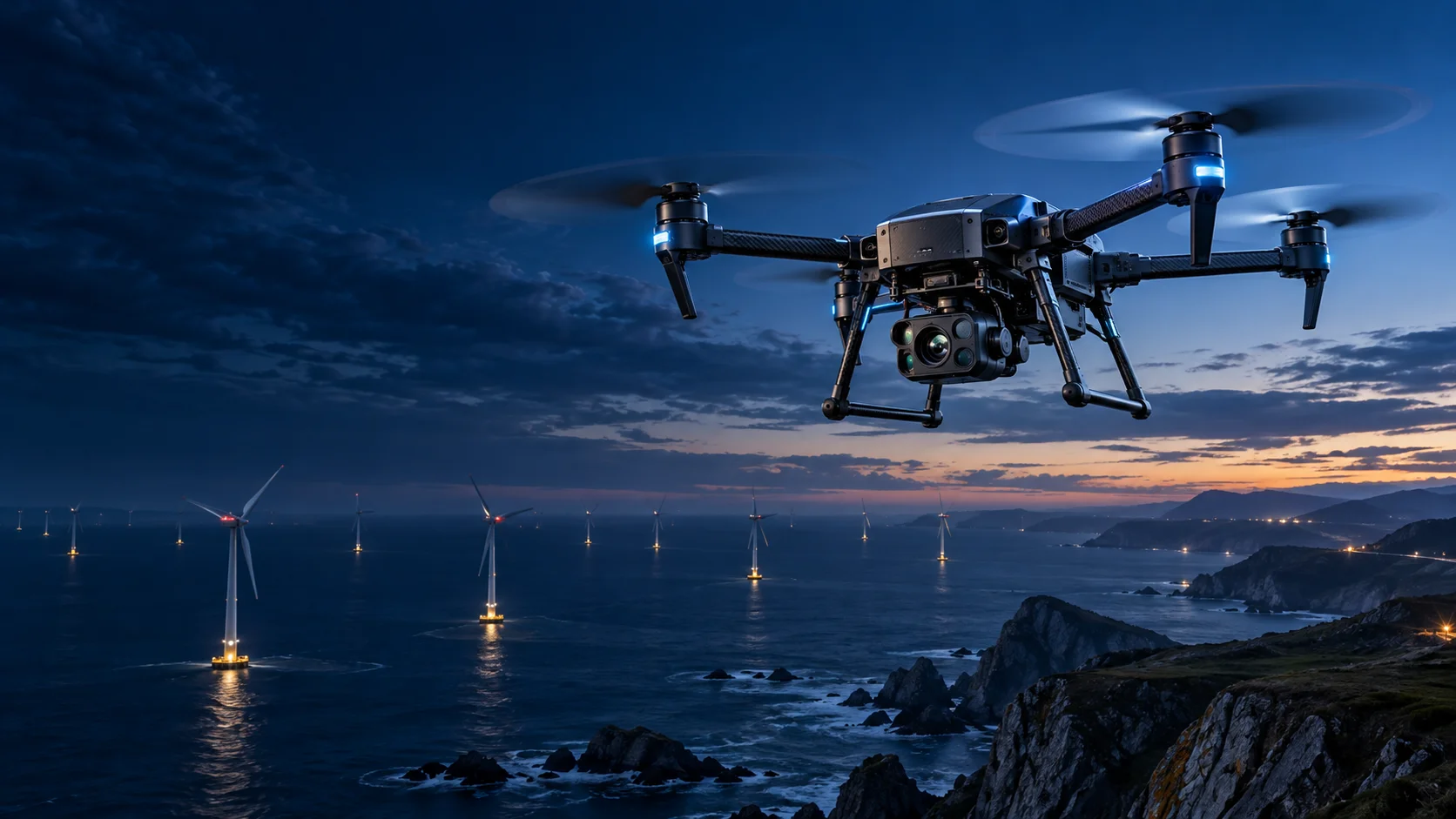 Illustrative unarmed inspection drone above coastal infrastructure