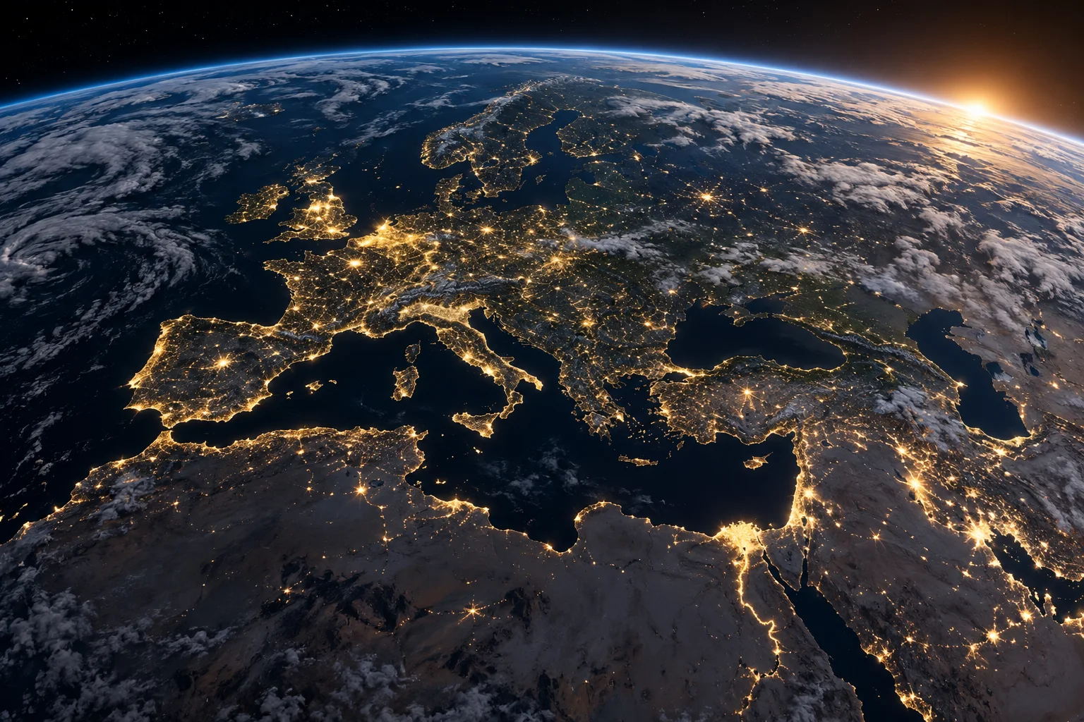 Illustrative Earth at night with city lights and atmosphere